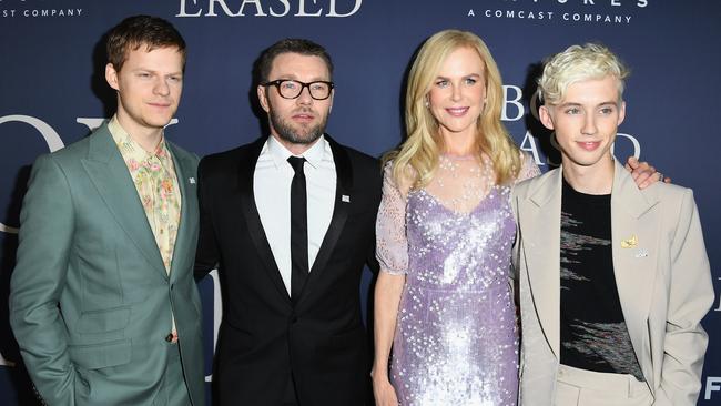 Troye Sivan (far right) with his Boy Erased co-stars Lucas Hedges, Joel Edgerton and Nicole Kidman at the film’s premiere in LA. Picture: Jon Kopaloff/Getty Images