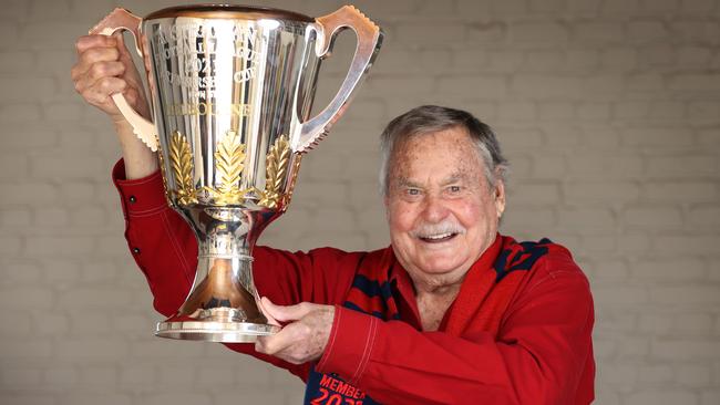 Ron Barassi with Melbourne’s 2021 premiership cup. Picture: David Caird