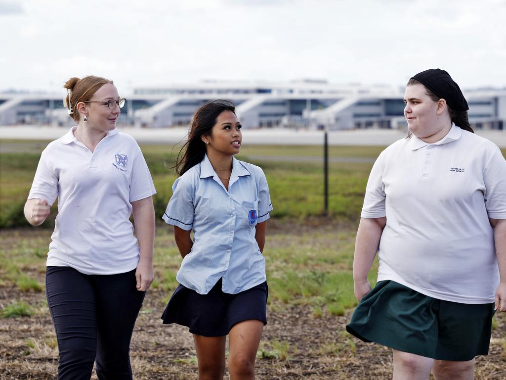 The aviation course will give students like Macey (left), who wants to be a flight attendant, a foot in the door for jobs at the soon-to-be-opened Western Sydney airport. Picture: Sam Ruttyn