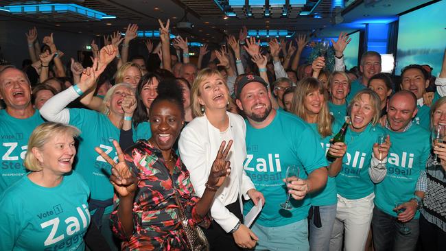 Zali Steggall celebrates her win of the seat of Warringah with her supporters. Picture: Dylan Coker.