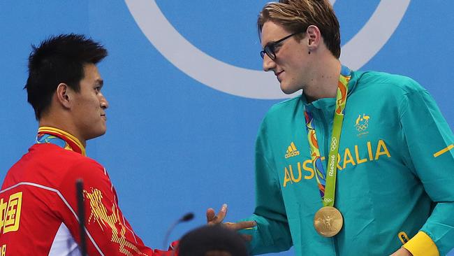 Australia's Mack Horton shakes hands with Sun Yang after his win. Picture: Phil Hillyard