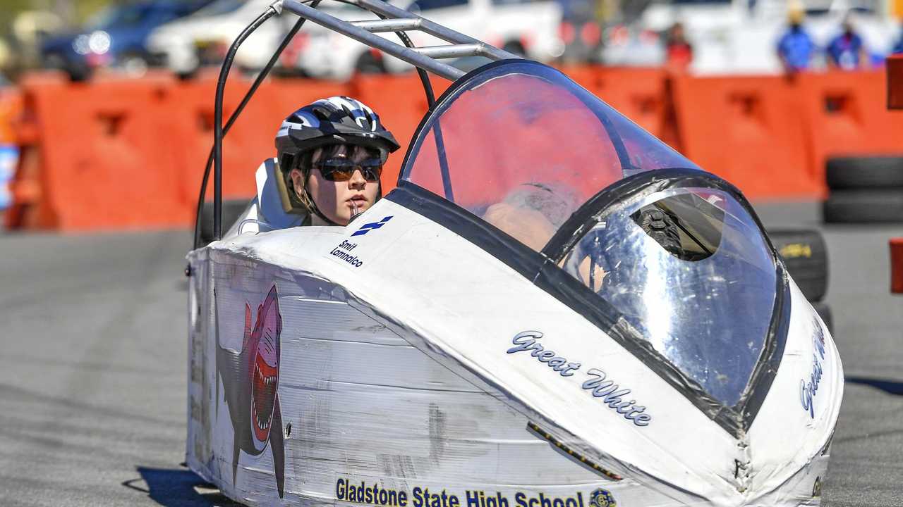 PEDAL POWER: Annika Messerby driving the Gladstone State High School vehicle at the Queensland HPV Super Series. Picture: Matt Taylor GLA100819HPV