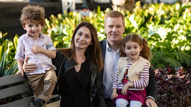 Portraits of Mark Stapleton,the new Parramatta Council CEO and his family, taken in  Prince Alfred Square, Parramatta, on July 6th 2018. With him is wife Diana and children Russell (3) and Elena (4). (AAP Image / Julian Andrews).