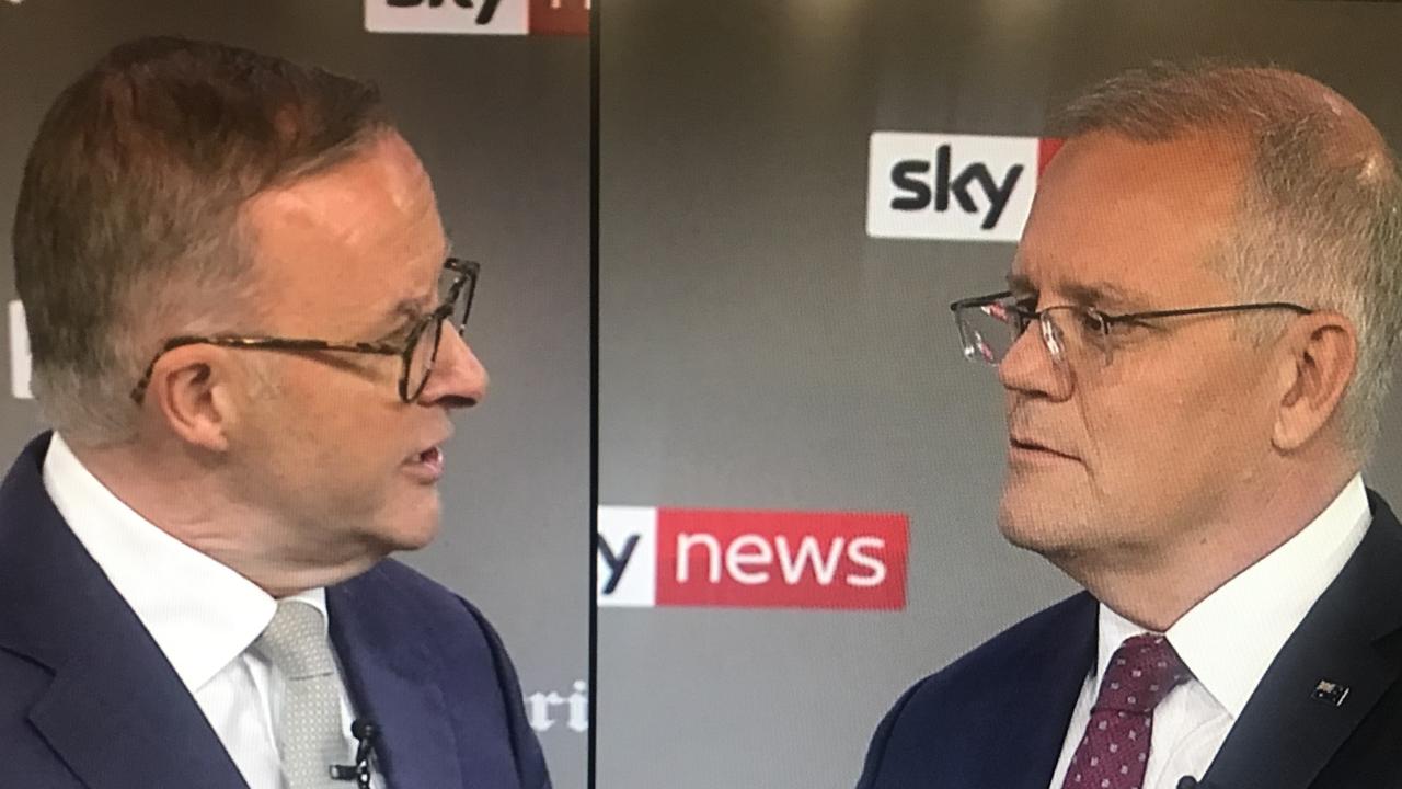 Scott Morrison and Anthony Albanese debated at the Gabba in Brisbane in front of 100 undecided voters. Picture: Sky News