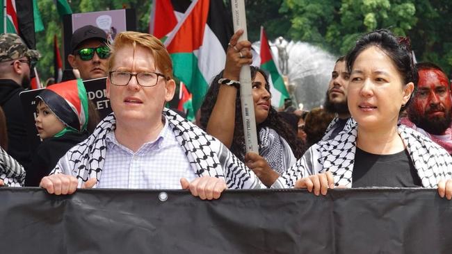 NSW government frontbencher Anthony D'Adam and Greens MP Jenny Leong leading a pro-Palestinian protest march in Sydney on Sunday. Supplied