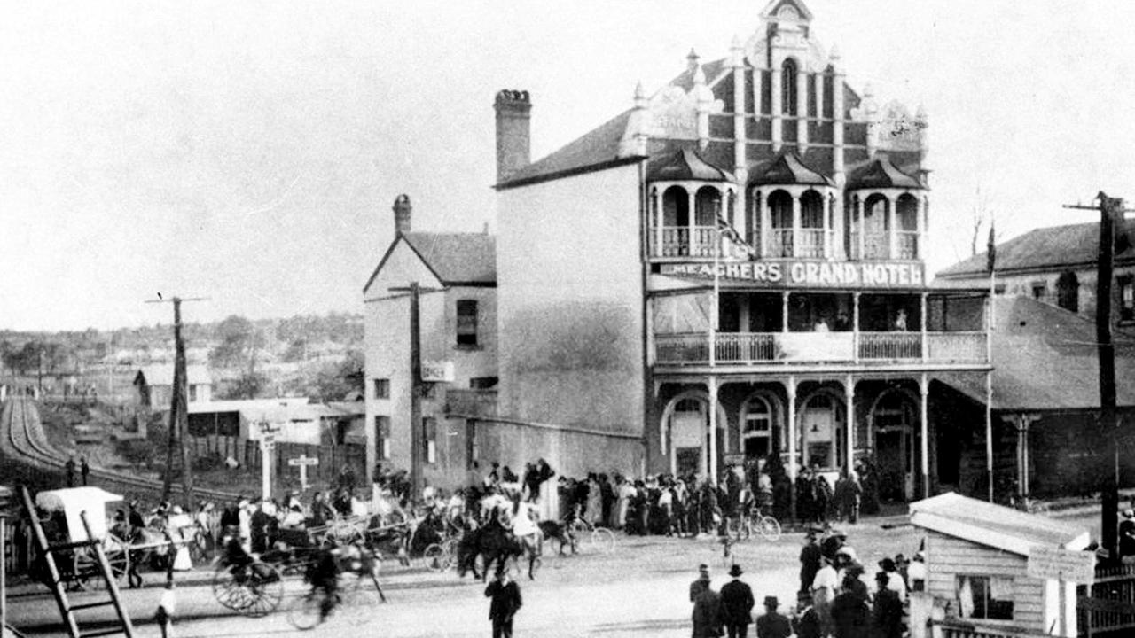 This picture from the Toowoomba City Library shows railway crossing in Russell St next to Meaghers Grand Hotel, now the Norville Hotel, circa 1890. The railwayline can be seen heading south into the distance through as yet undeveloped land, including the eventual site ofGrand Central.