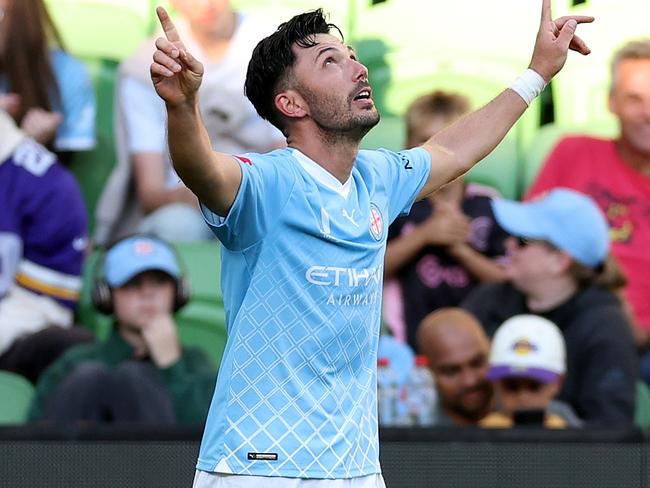 MELBOURNE, AUSTRALIA - APRIL 14: Tolgay Arslan of Melbourne City celebrates after scoring his third goal during the A-League Men round 24 match between Melbourne City and Perth Glory at AAMI Park, on April 14, 2024, in Melbourne, Australia. (Photo by Robert Cianflone/Getty Images)