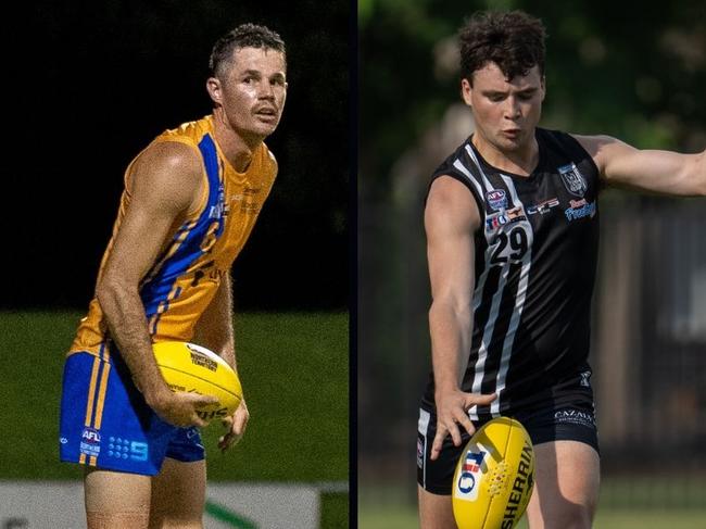 Jack Sinclair playing for Wanderers and Declan Barnett playing for Palmerston in the 2024-25 NTFL season.