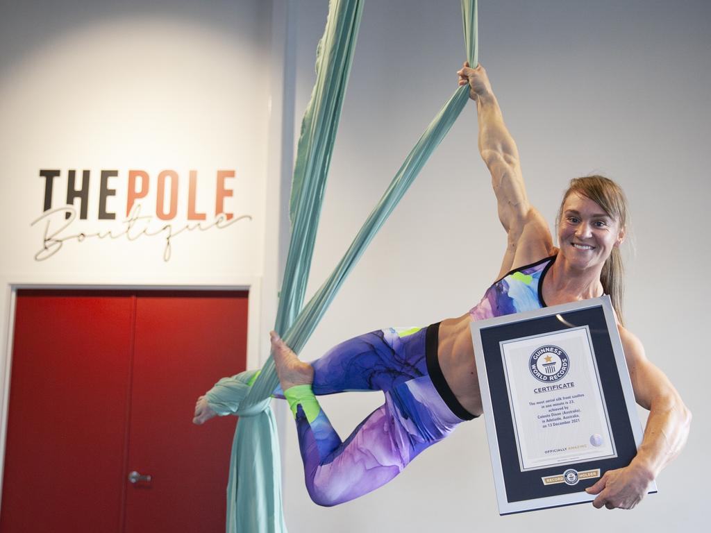 Adelaide resident Celeste Dixon set two records, including one for the most aerial silk front saltos in one minute. Picture: Guinness World Records