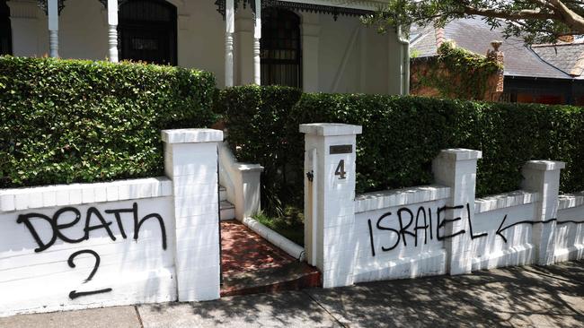 Graffiti reading “DEATH 2 ISRAIEL” (sic) and “KILL ISRAIEL” (sic) on the walls of homes in Sydney’s eastern suburb of Woollahra this week.. Picture: Rohan Kelly