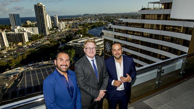 Nineteen at The Star boasts the best views in the city — venue partners Billy Cross, Star Entertainment Group Queensland managing director Geoff Hogg and Simon Gloftis. Picture: Jerad Williams