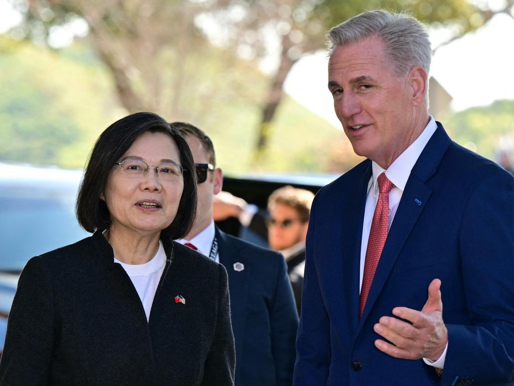 US Speaker of the House Kevin McCarthy speaks with Taiwan President Tsai Ing-wen in Simi Valley, California, on April 5, 2023. Picture: Frederic J. Brown/AFP