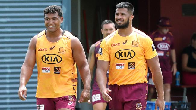 Tevita Pangai Jr (left) and Payne Haas have a big role to play for the Broncos this year. Picture: Liam Kidston.