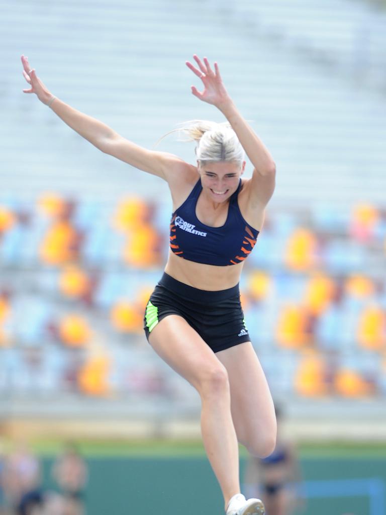 Kayla Cuba in the Triple Jump Queensland athletic state titles. Saturday March 13, 2021. Picture, John Gass