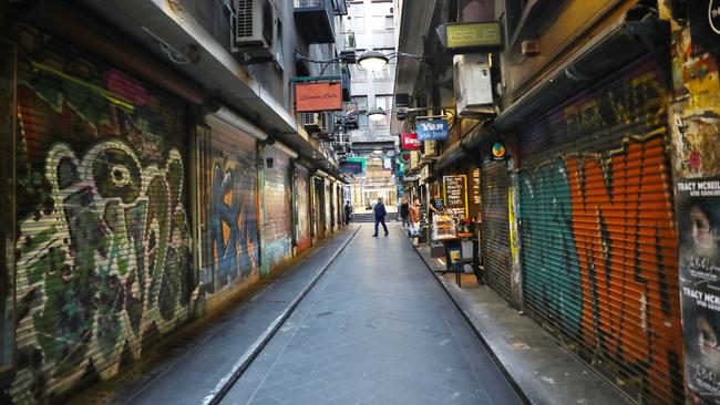 A deserted Degraves Lane in Melbourne’s CBD during the pandemic after Andrews introduced strict restrictions. Picture: David Crosling