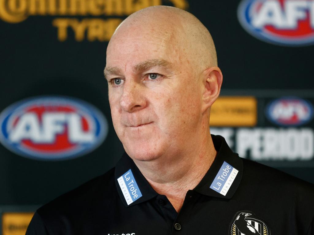 MELBOURNE, AUSTRALIA – OCTOBER 09: Graham Wright, GM of Football of the Magpies speaks with media during the 2023 Continental Tyres AFL Trade Period at Marvel Stadium on October 09, 2023 in Melbourne, Australia. (Photo by Michael Willson/AFL Photos via Getty Images)