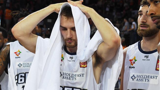 Adelaide's Anthony Drmic looking dejected after the eight-point road loss to Cairns on Sunday. Picture: AAP/Brian Cassey