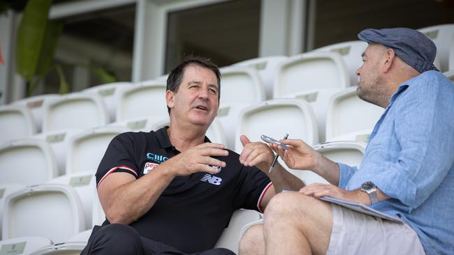 St Kilda coach Ross Lyon and Herald Sun chief football writer Mark Robinson at RSEA oval, Moorabbin. Picture: Jason Edwards