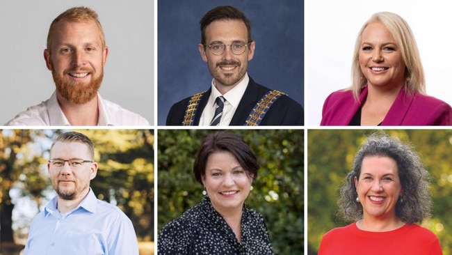 The mayors (from top left): Wingecarribbee Council’s Jesse Fitzpatrick, Sutherland Shire’s Jack Boyd, Georges River Council’s Elise Borg, Queanbeyan-Palerang Regional Council’s Kenrick Winchester, Willoughby City Council’s Tanya Tayler, and North Sydney’s Zoe Baker.