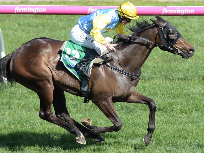 Jockey Luke Currie on Bring Me Roses wins the Edward Manifold Stakes. Picture: AAP