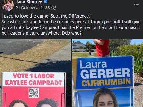 A Facebook post made by former Currumbin LNP MP Jann Stuckey, questioning the lack of Deb Frecklington on current Currumbin LNP MP Laura Gerber's corflutes. Photo: Facebook