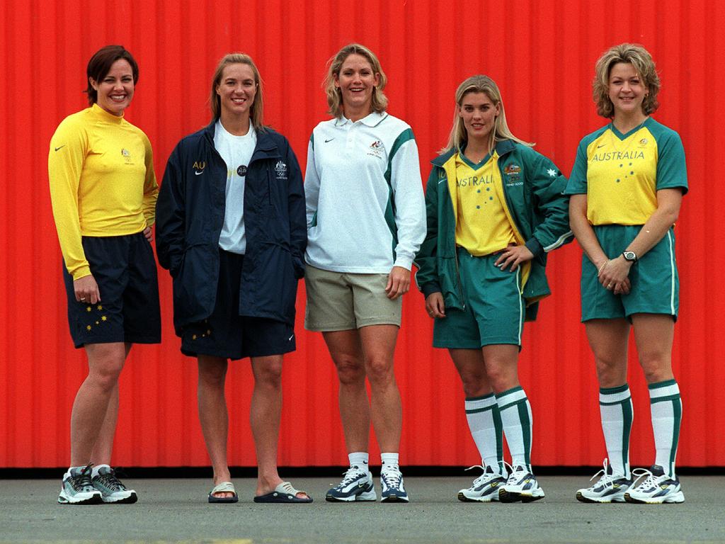 Simone Hankin, Bronwyn Mayer, Debbie Watson, Natalie Ward and Jo Brown modelling the official 2000 uniform