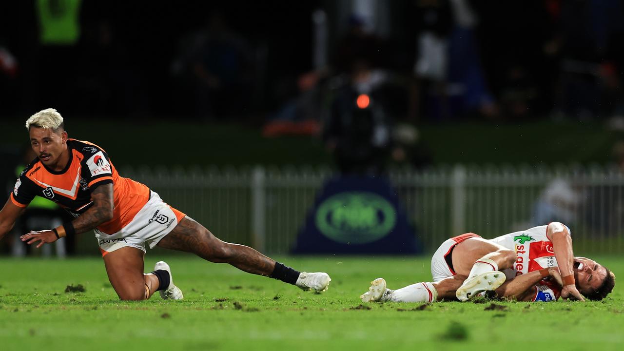 Jayden Sullivan takes out Kyle Flanagan. Picture: Mark Evans/Getty Images