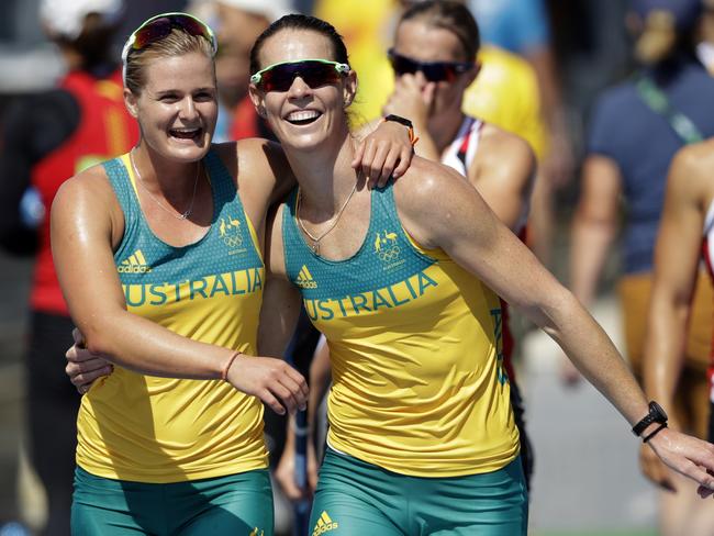 Australia's Alyssa Bull and Alyce Burnett celebrate after the women's kayak double 500m semifinal during the 2016 Summer Olympics in Rio de Janeiro, Brazil, Monday, Aug. 15, 2016. (AP Photo/Luca Bruno)