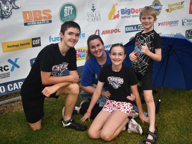 Ryan, Zoe, Amity and Diego Newman at the CQ Capras game against the Ipswich Jets in Round 12 of the Hostplus Cup at Rugby Park, Rockhampton, on June 1, 2024.
