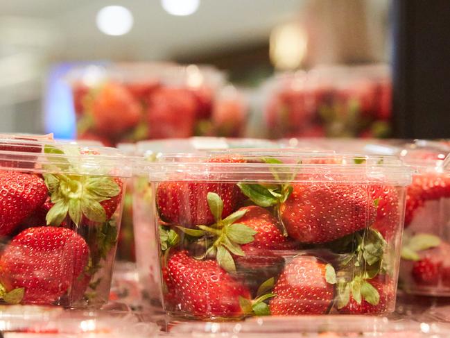 Strawberry punnets at a Sydney supermarket yesterday. Picture: Erik Anderson/AAP