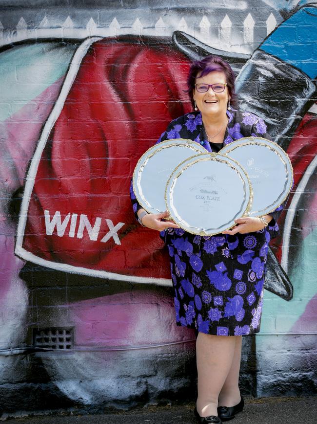 Winx co-owner Debbie Kepitis at the mural of Winx in Ascot Vale.