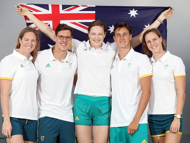 Swim team stars Emily Seebohm, Mitch Larkin, Cate Campbell, Cameron McEvoy and Bronte Campbell. Picture: Alex Coppel.