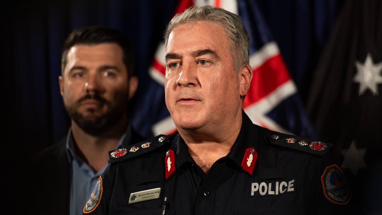 Police Commissioner Michael Murphy, flanked by Police Minister Brent Potter. Picture: Pema Tamang Pakhrin