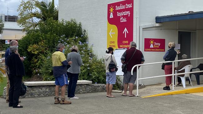 A queue forms at the Sunny Street Covid vaccine and testing hub in Tewantin shortly after the Premier announced a three day lockdown on June 29.