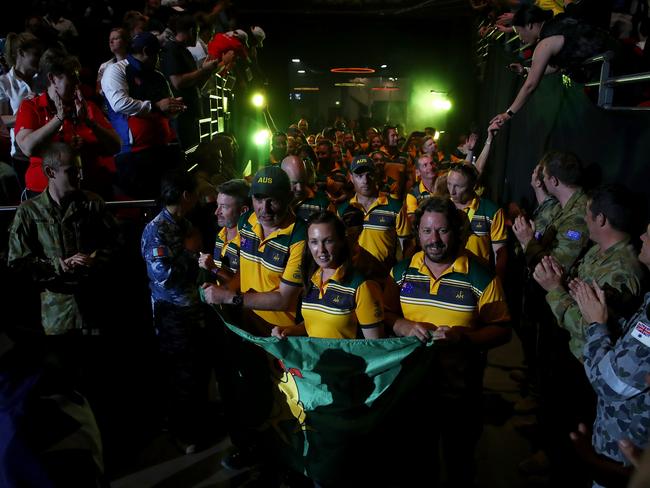 The Australia team enter the arena during the 2018 Invictus Games Closing Ceremony at Qudos Bank Arena. Picture: Getty