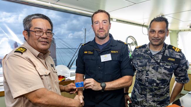 Royal Australian Navy and Royal New Zealand Navy officers on-board container ship Kokopo Chief during Exercise Kakadu 2024. Picture: Department of Defence.