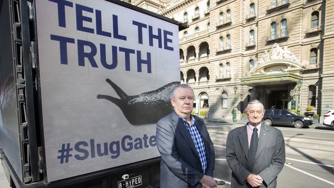 Co-founder of I Cook Foods Ian Cook (L) and former Chief Commissioner of Victoria Police, Kel Glare, and with the "Slug Truck" alleged crimes surrounding the 2019 closure of Dandenong catering company, I Cook Foods. Picture: NCA NewsWire / Paul Jeffers