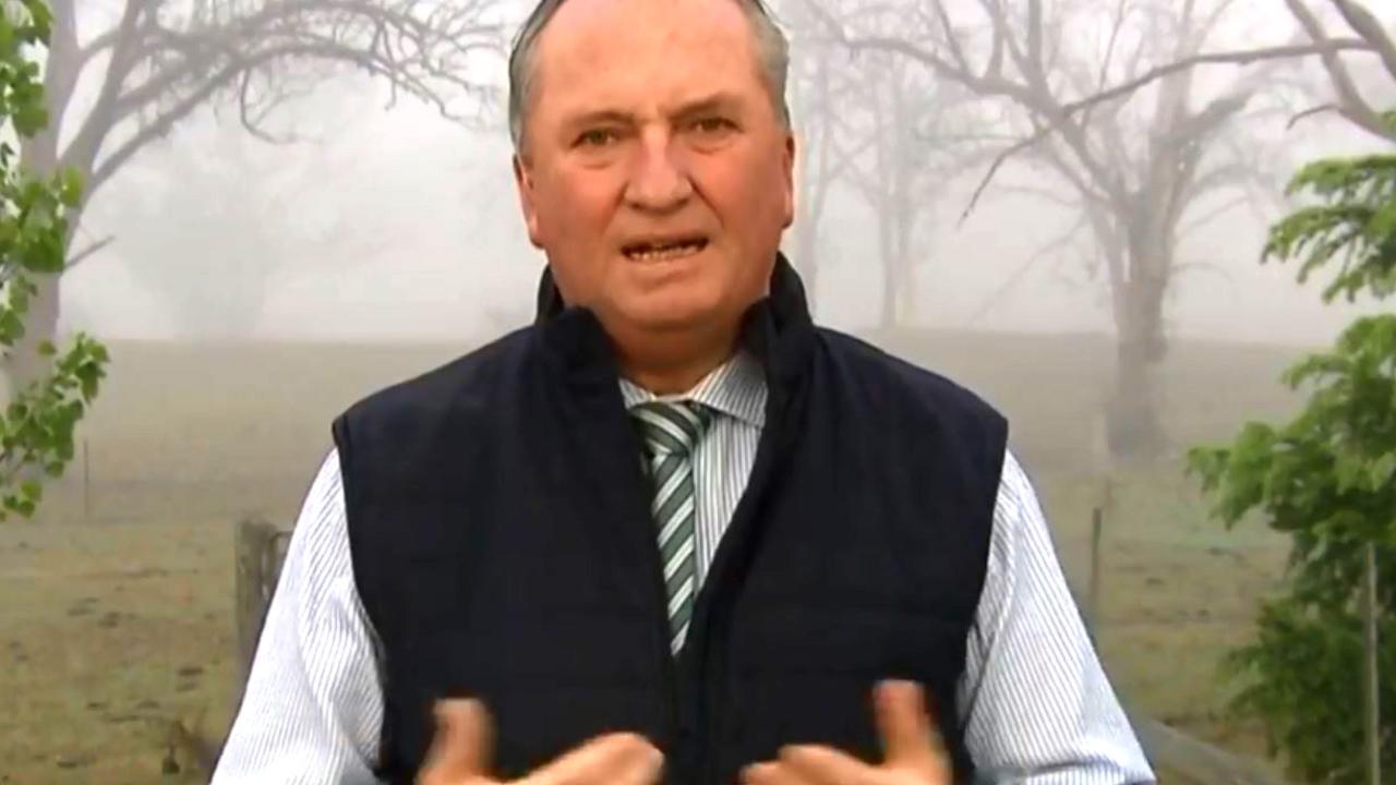 Barnaby Joyce on Sunrise this morning, with bushfire smoke behind him. Picture: Channel 7