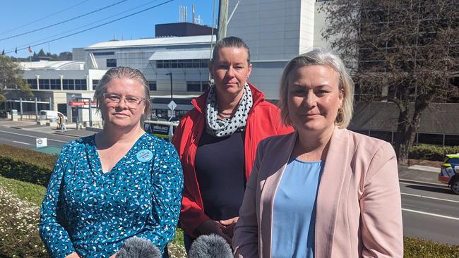 Ambulance Tasmania paramedic Simone Haigh, Labor Bass MP Janie Finlay and Labor health spokeswoman Anita Dow outside Launceston General Hospital, September 22, 2023. Picture: Alex Treacy