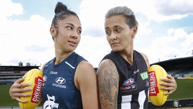 Carlton marquee player Darcy Vescio and Collingwood marquee player Moana Hope. The teams have been named for Round 1 of the 2017 AFLW season. Picture: David Caird