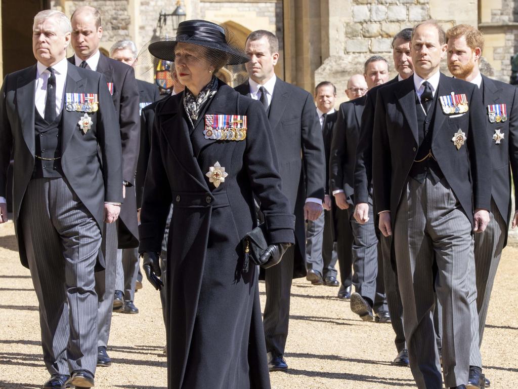 Princess Anne, Prince Andrew, Prince Edward, Prince William, Peter Phillips, and Prince Harry in the Ceremonial Procession during the funeral of Prince Philip. Picture: WPA Pool/Getty Images