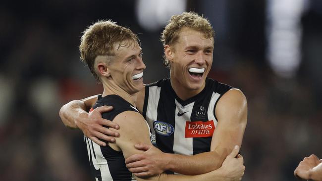 MELBOURNE , AUSTRALIA. May 11 , 2024.  AFL Round 10 . Collingwood vs West Coast Eagles at Marvel Stadium.    Finlay Macrae of the Magpies celebrates a 2nd quarter goal with Joe Richards  . Pic: Michael Klein