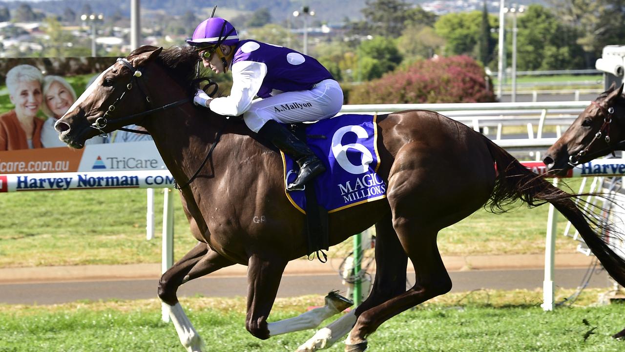 Bulloo storms to victory in the Toowoomba Guineas under jockey Andrew Mallyon. Picture: Grant Peters, Trackside Photography