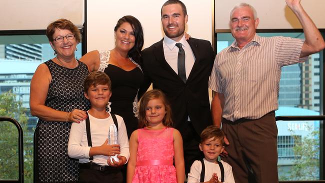 Family affair: The Weekly Times Coles 2015 Farmer of the Year overall winners the Sims family. Grant and Naomi with their children Hunter, River and Shiloh and Grant’s parents, Ken and Wendy. Picture: Yuri Kouzmin