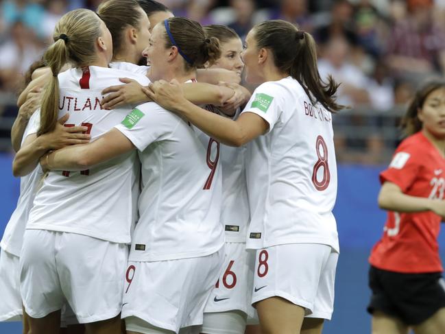 Norway's Caroline Graham Hansen, unseen, celebrates with her teammates after scoring her team's first goal during the Women's World Cup Group A soccer match between Norway and South Korea at the Stade Auguste-Delaune in Reims, France, Monday, June 17, 2019. (AP Photo/Alessandra Tarantino)