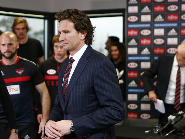 James Hird announces his resignation during the Essendon drugs saga.