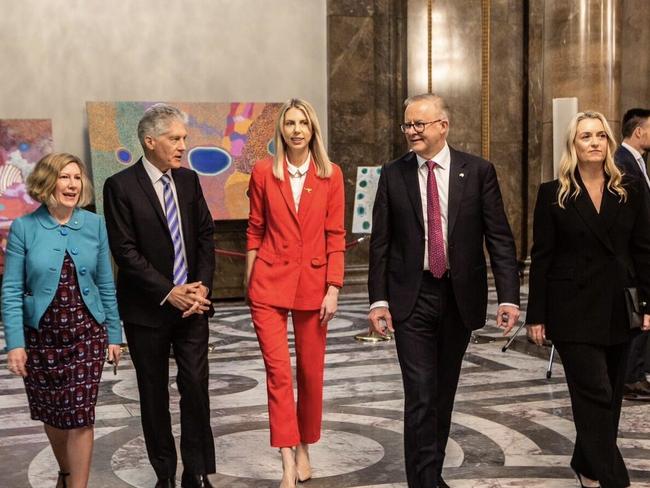 From left, Deputy High Commissioner Elisabeth Bowes, High Commissioner Stephen Smith, Hannah Bretherton, Prime Minister Anthony Albanese and partner Josie Haydon at Australia House in London. Picture: LinkedIn