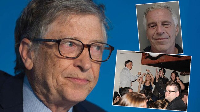 Microsoft billionaire Bill Gates (main picture), dancing with revellers at a launch party (bottom right) is said to have sought marital advice from Jeffrey Epstein (top right). Pictures: AFP/Getty/AFP