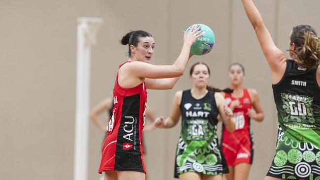 Tiarni Fennell for ACU Brisbane North Cougars against Darling Downs Panthers in 2024 Hart Sapphire Series Ruby division netball at Downlands College, Saturday, May 25, 2024. Picture: Kevin Farmer