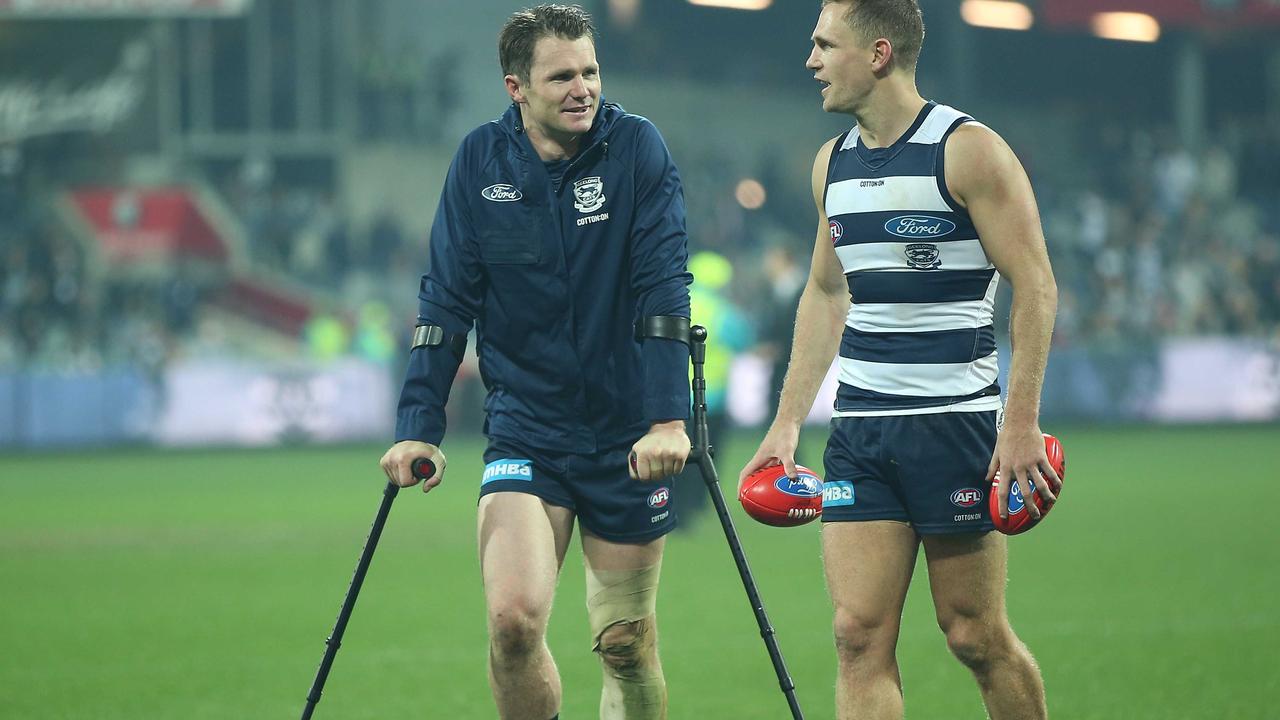 Patrick Dangerfield left the ground on crutches. Photo: Scott Barbour/Getty Images.
